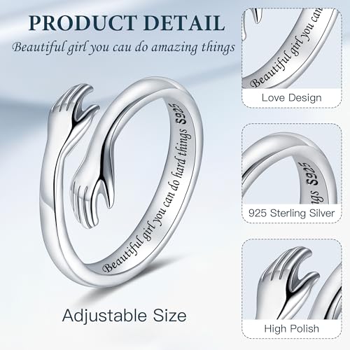 LOVECOM S925 Sterling Silver Hug Rings for Women Teen Girls Mother Daughter - color: Beautiful g@rl you can do hard things, size: US Size 7