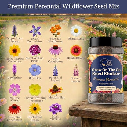 Wildflower Seed s – Perennial Flower Seeds Mix to Plant Anywhere, by Geva Grow | 12-Type Beautiful Perennial Wildflower Seeds Bulk 90,000+ Seeds, 2 Ounce, No Messy Packets - size: 2oz Shaker, style: Premium Perennial Mix