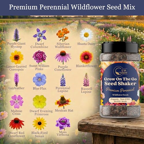 Wildflower Seed s – Perennial Flower Seeds Mix to Plant Anywhere, by Geva Grow | 12-Type Beautiful Perennial Wildflower Seeds Bulk 90,000+ Seeds, 2 Ounce, No Messy Packets - size: 2oz Shaker, style: Premium Perennial Mix