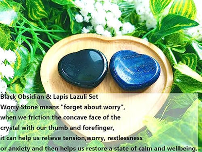 QINJIEJIE 2PCS Worry Stones for Anxiety Lapis Lazuli Black Obsidian Crystals Thumb Heart Crystal Palm Polished Gemstone Pocket Massage Natural Gem Stress Relief Item Reiki Meditation Gift for Women - color: C-lapis Lazuli+black Obsidian