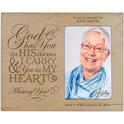 LifeSong Milestones Personalized Memorial Sympathy Picture Frame, God Has You in His Arms & I Carry You in My Heart, Custom Frame Holds 4x6 Photo, Made in USA (Maple) - color: Maple
