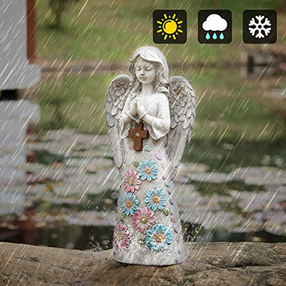 Voveexy Angel Garden Statue Outdoor Figurine, Solar Powered Garden Sculpture with 6 LEDs Resin Praying Angel Decor for Patio Lawn Yard Porch Decoration Christmas Birthday Housewarming Present 13.2” H
