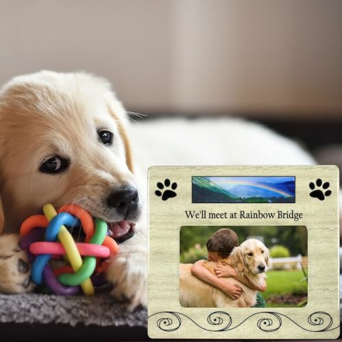 Pet Memorial Picture Frame for Dogs or Cats, “We’ll Meet at Rainbow Bridge” Sympathy Gift, Holds 4x6 Horizontal Photo, 8 x 7.25 Inch Bereavement Frame for Loss of Dog, Cat, Puppy or Kitty