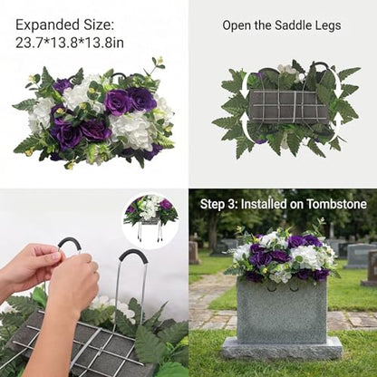 Purple Headstone Flower Saddle,Cemetery Artificial Flowers for Grave Decor