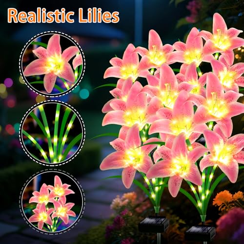 Solar Lights Outdoor, Gift For Women Mom Grandma Wife Daughter Friends, 4 Pack 16 Solar Pink Lily Flower Lights, Solar Flower Lights Waterproof, Outside Decor Stake Light for Landscape Yard Patio Lawn - style: Solar Pink Lily