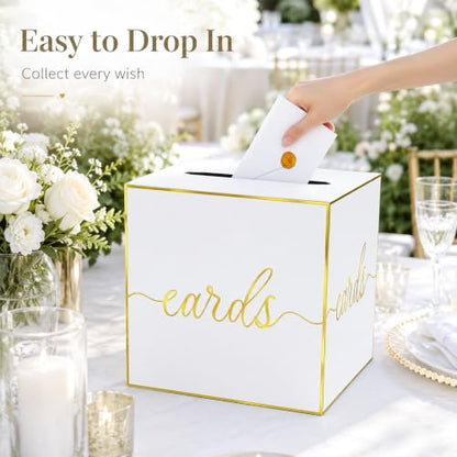 White and Gold Foil Card Box for Wedding, Bridal Shower and Anniversary | Collect Cards and Envelopes in One Place with an 8.7 Inch Cube, Wide Top Slot and Elegant White Gold Foil Design - color: White Gold