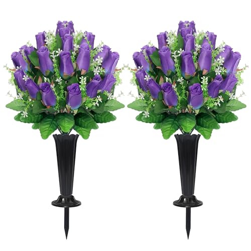 Wocst Cemetery Flowers for Grave,2 Sets Grave Rose Flowers Bouquets with Vases for Cemetery Grave Decorations UV Resistant Non-Fading Easy Fit (Purple) - color: Purple