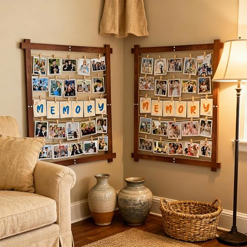 1 Pack 32x24Inch Photo Display Board for Wedding 2026 Graduation Decor Collage Wooden Picture Frames with Clips Rustic Wall Frames for Graduation Party Hanging Photos Postcards Greeting Cards