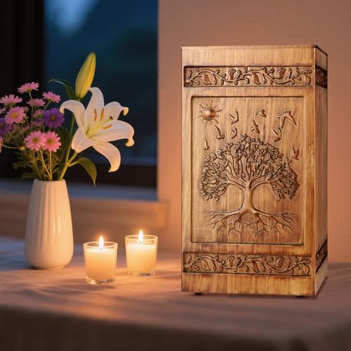 Wooden Urn for Ashes Adult Male Female, Handcrafted Large Cremation Urns Box for Human Ashes Adult Men Women, Memorial Decorative Funeral Urn with Tree of Life Carvings