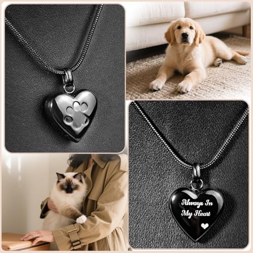 LittleFlower Paw Print Heart Pet Ashes Urn Necklace, Keepsake Pendant-Black - style: Black