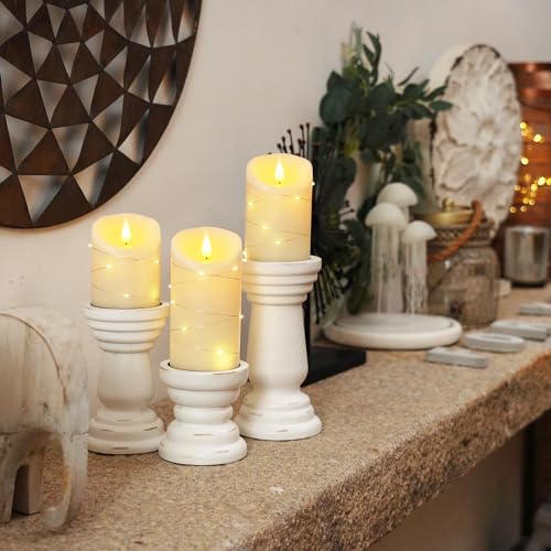 Homemory Flameless Candles with String Lights, 3 Pack Embedded Fairy String Lights LED Candles, Electric Flickering Candles with Remote Control and Timer, Real Wax, Ivory White - color: Ivory