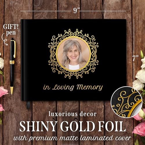 Funeral Guest Book – Black Memorial Guest Book for Funeral, “in Loving Memory” Gold Foil Sign in Book, Photo Slot Cover, 120 Pages, Pen & Stand Included