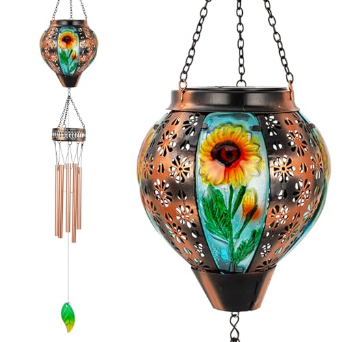 Solar Wind Chimes for Outside,Sunflower Hanging Wind Chime Decor | LED Solar Lanterns Windchimes,Memorial Wind Chimes for Women,Outdoor Wind Chime Deep Tone,Sunflower Windchime for Garden Yard - color: B-sunflower