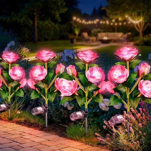 Anordsem Solar Garden Lights Outdoor: Waterproof Fabric Roses - Red LED Flower Decorations for Yard Patio Path Cemetery Grave - Birthday Gifts for Women Mom Wife - 4 Pack Pink - color: Pink, size: 4 Pack