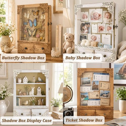 11x16 Shadow Box Frame with Light, Wedding Memorial Display Case with Shelves, Drawer and Slot for Keepsakes Large Deep Shadow Box for Flowers,Wedding Gift, Rustic Wood - color: Wood With Drawers