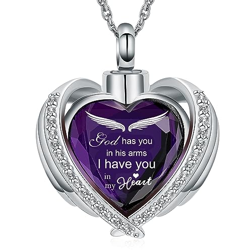 shajwo Angel Wing Heart Urn Ashes Necklace for Women Men | Cremation Jewelry,Birthstone Necklace of Loved One,Memorial Pendant for Human Pet - color: Silver-Purple