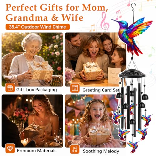 Aluminum Hummingbird Wind Chimes for Outside, Metal Garden Treasures Wind Chime with 4 Durable Tubes & 6 Bells, Unique Grandma Garden Gifts Box & Card Included, 35.4" (Colorful) - color: Colorful