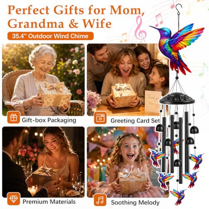 Aluminum Hummingbird Wind Chimes for Outside, Metal Garden Treasures Wind Chime with 4 Durable Tubes & 6 Bells, Unique Grandma Garden Gifts Box & Card Included, 35.4" (Colorful) - color: Colorful
