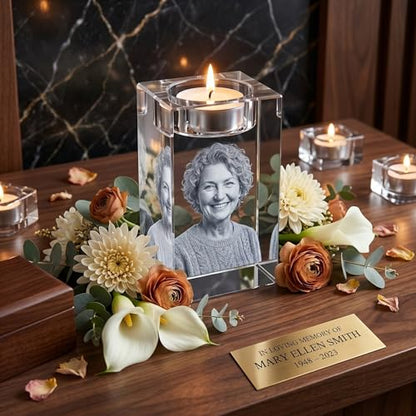 Memorial Photo Crystal Candle Holder – 3D Laser Engraved K9 Keepsake – in Memory of Parent, Spouse, Child, Pet – Custom Remembrance Crystal (Medium) - size: Medium