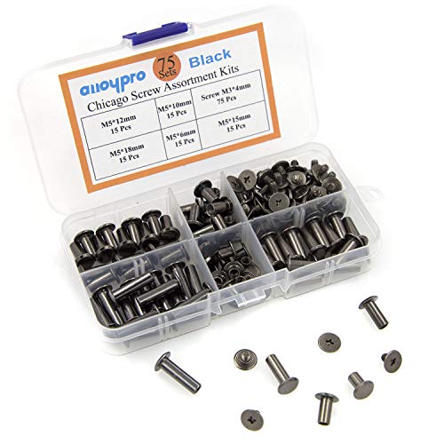 Alloypro 75 Sets Chicago Screws Assorted Kit 5 Size GunMetal Leather Rivets Black Screw Rivets Slotted Phillip Head Book Binding Posts Nail Rivet Chicago Bolt for DIY Leather Craft (5 x 6,10,12,15,18) - size: Gun Metal-6,10,12,15,18