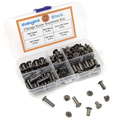 Alloypro 75 Sets Chicago Screws Assorted Kit 5 Size GunMetal Leather Rivets Black Screw Rivets Slotted Phillip Head Book Binding Posts Nail Rivet Chicago Bolt for DIY Leather Craft (5 x 6,10,12,15,18) - size: Gun Metal-6,10,12,15,18