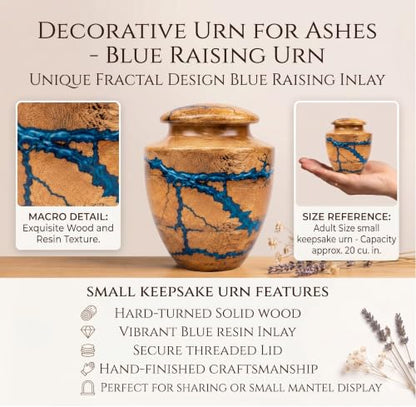 Wooden Handcrafted Urn (Small Keepsake (20 lbs)) in Capacity. Decorative urn for Ashes Blue Raising Urn for Man and Women Burial and Funeral Urn Handcrafted Unique Fractal Burning Design - size: Small keepsake (20 lbs)