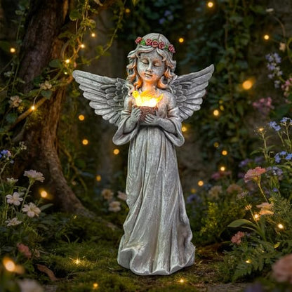 Angel Garden Statue, Solar Angel Figurines Hold Bird's Nest with LED Lights - style: Dove