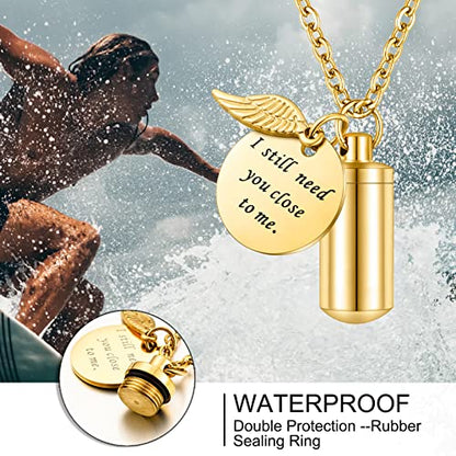 abooxiu Cylinder Urn Necklace for Ashes Cremation Jewelry/Keychain for human Pet Stainless Steel Memorial Keepsake Pendant with Angel Wing Charm Ashes - color: Gold-s