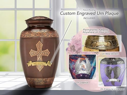 Bronze Cross Cremation Urns for Human Ashes Adult Male & Female Urns - color: Brushed Bronze - Engraved Ribbon, size: Extra Large