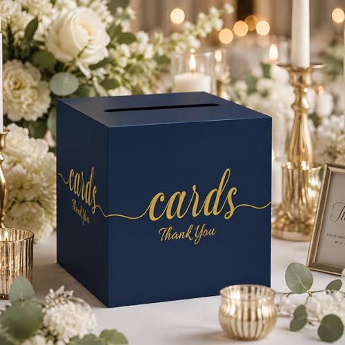 Wedding Card Box with Slot Navy Blue Gold 7.8 in Baby Shower Party | Graduation, Birthday, Bridal Shower, Wedding Reception, Holds Cards & Envelopes, Gift Cards, Easy Assembly, Folds Flat - color: BlueGoldThanks