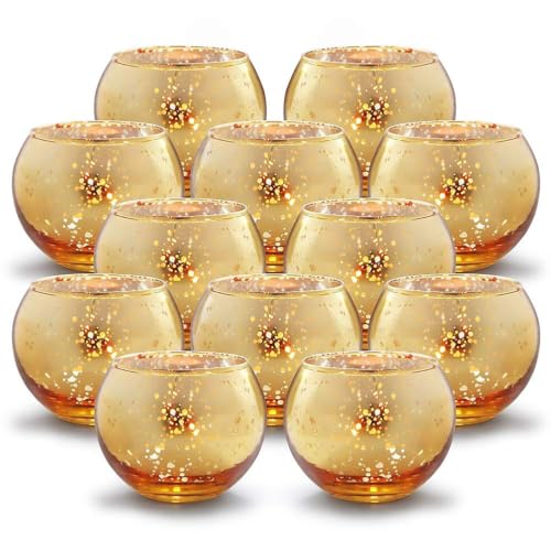 Volens Round Gold Votive Candle Holders, Mercury Glass Votives Set of 12 | Tealight Candle Holders for Fall Table Centerpieces, Diwali Decorations for Home - color: Gold, size: 12 PACK