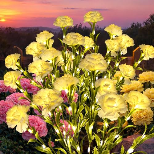 GIGALUMI 4 Pack Solar 28 Carnations Flowers Outdoor, 2 Modes, White - color: White, size: 4 PACK