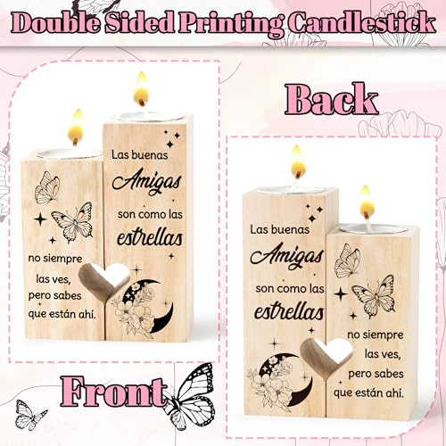 Zainpe Spanish Sister Best Friend Bestie Candle Holders Regalo para Amiga, Wooden Heart Double Sided Printing Candlestick Personalized Friendship Birthday for Mum Women Girl Soul - color: Sister & Butterfly