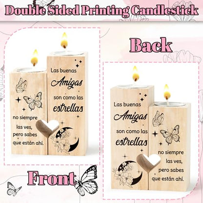 Zainpe Spanish Sister Best Friend Bestie Candle Holders Regalo para Amiga, Wooden Heart Double Sided Printing Candlestick Personalized Friendship Birthday for Mum Women Girl Soul - color: Sister & Butterfly