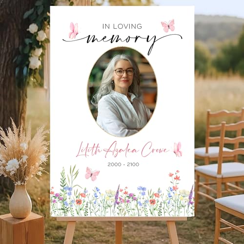 Personalized Celebration of Life Welcome Sign with Photo, Obituary Welcome Sign with Name and Date, Celebrating a Beautiful Life Butterfly Flower Tribute, Butterfly Flower Remembrance Decor, Custom Funeral Welcome Sign (Edition 2) - color: Edition 2