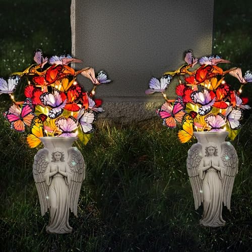 Solar Angel Grave Decorations - Metal Silhouette Memorial Stake with Butterfly Lights, Flat Garden Decor for Cemetery, Sympathy Gift(Angel with Flowers) - style: Angel with Flowers