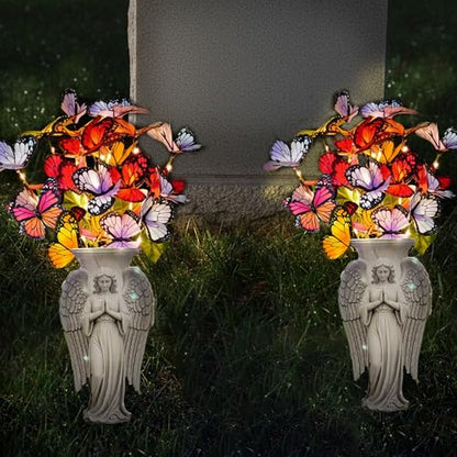 Solar Angel Grave Decorations - Metal Silhouette Memorial Stake with Butterfly Lights, Flat Garden Decor for Cemetery, Sympathy Gift(Angel with Flowers) - style: Angel with Flowers