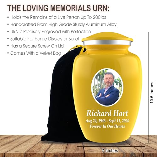 Personalized Photo Cremation Urns for Adult Ashes Male Female - 200lbs Custom Photo Burial Urns for Human Ashes - Engraved Handcrafted Funeral Decorative Urns for Adult with Velvet Bag, Yellow