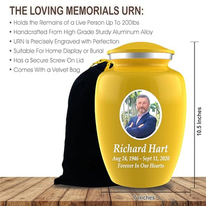 Personalized Photo Cremation Urns for Adult Ashes Male Female - 200lbs Custom Photo Burial Urns for Human Ashes - Engraved Handcrafted Funeral Decorative Urns for Adult with Velvet Bag, Yellow