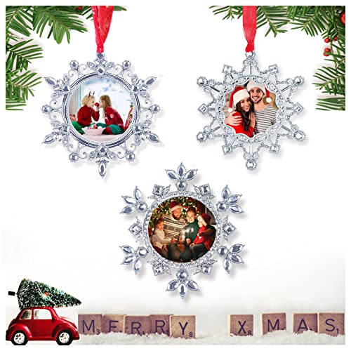 Christmas Photo Ornaments - 3.86" Snowflake Ornaments, Fits 2 inches inches Photos - Christmas Decorations - Xmas Tree Decorations with Clear Rhinestones (White 3 PCS) - color: Red,silver