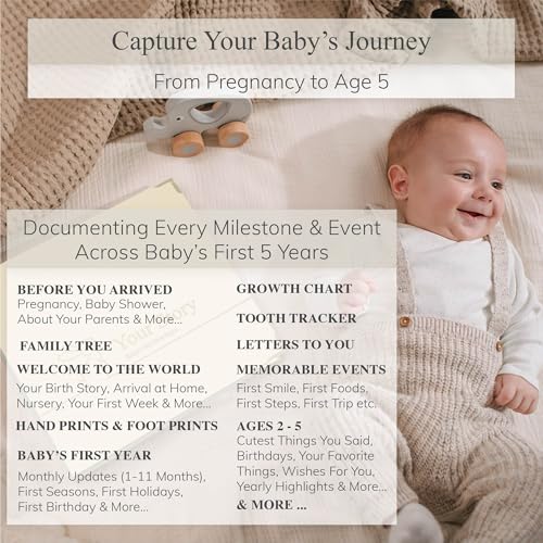 Baby Book Keepsake Boy or Girl Timeless Baby Memory Book First 5 Years for Baby Shower Gender Neutral Baby Scrapbook New Mom Gift Baby Journal from Birth to Age 5 Milestone Book Beige - color: Beige
