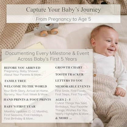 Baby Book Keepsake Boy or Girl Timeless Baby Memory Book First 5 Years for Baby Shower Gender Neutral Baby Scrapbook New Mom Gift Baby Journal from Birth to Age 5 Milestone Book Beige - color: Beige