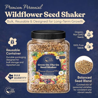 Bulk Wildflower Seed Shaker – Perennial Flower Seeds Mix to Plant Anywhere, by Geva Grow | 20 - Different Type Beautiful Perennial Wildflower Seeds Bulk 900,000+ Seeds, 1 Pound Tub - size: 1 Pound Tub, style: Premium Perennial Mix
