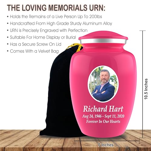 Personalized Photo Cremation Urns for Human Ashes Adult Male Female - 200lbs Custom Photo Burial Urns for Human Ashes - Engraved Handcrafted Funeral Decorative Urns for Adult with Velvet Bag, Pink