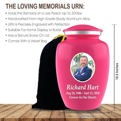 Personalized Photo Cremation Urns for Human Ashes Adult Male Female - 200lbs Custom Photo Burial Urns for Human Ashes - Engraved Handcrafted Funeral Decorative Urns for Adult with Velvet Bag, Pink