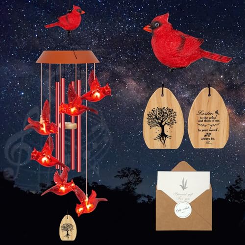 YHmall Solar Wind Chimes for Outside, 35" LED Cardinal Memorial Wind Chimes | Cardinal Windchimes Outdoors Christmas Birthday Gifts for Women Mom Grandma Home Garden Decor