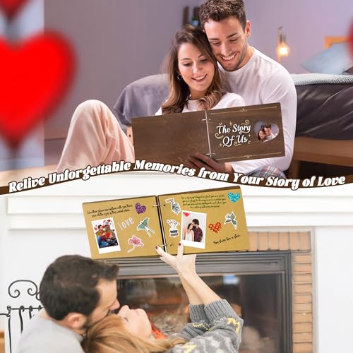 CY2SIDE Couples Photo Album Scrapbook - 111PCS The Story of Us Wooden Scrapbook Craft Kit with Heart Puzzle Brown Paper Sticker and Template for DIY, Romantic Anniversary Dating Gift for Him Her - style: Couple