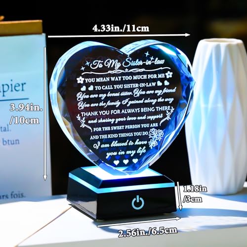 Arikyrist Meaningful Sister in Law Gifts with Colorful LED Base Wedding Birthday Gifts for Sister in Law Heart Crystal Keepsake Gift Ideas for Mother's Day Christmas Thanksgiving - style: Sister in Law Gifts + Light Base