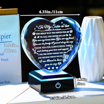 Arikyrist Meaningful Sister in Law Gifts with Colorful LED Base Wedding Birthday Gifts for Sister in Law Heart Crystal Keepsake Gift Ideas for Mother's Day Christmas Thanksgiving - style: Sister in Law Gifts + Light Base