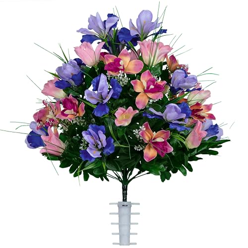 Artificial Cemetery Flowers - Grave Decoration - Cream Pink Tulips and Purple Iris (1) Bouquet - color: Pink/Purple, size: (1) Bouquet